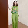 2 Pcs/Set Women Top Pants Set Flower Printing Elastic Waist Casual Sleeveless Loose Daily Wear Round Neck Plus Size Lady Vest