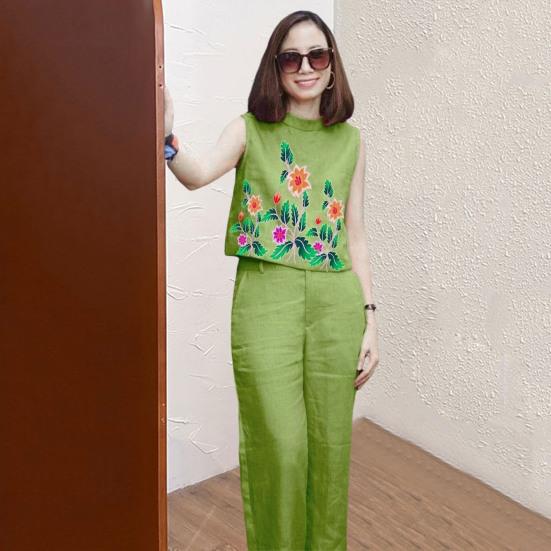 2 Pcs/Set Women Top Pants Set Flower Printing Elastic Waist Casual Sleeveless Loose Daily Wear Round Neck Plus Size Lady Vest