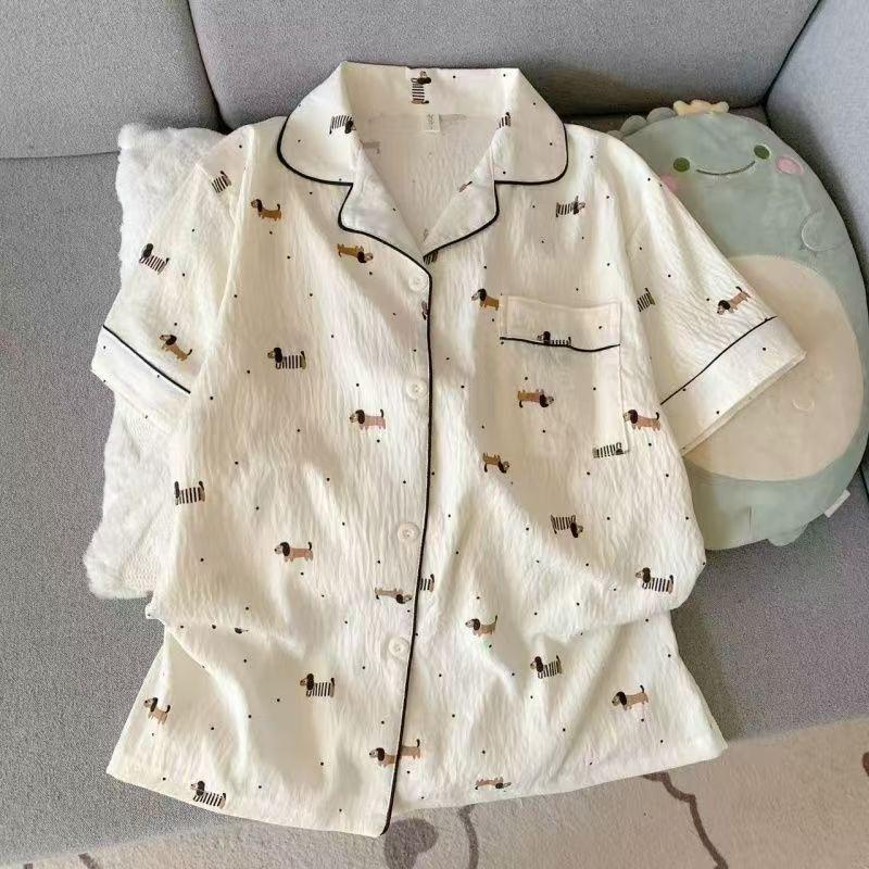New polka dot sausage puppy pajamas women's summer black edge short-sleeved shorts set soft cute princess style loungewear