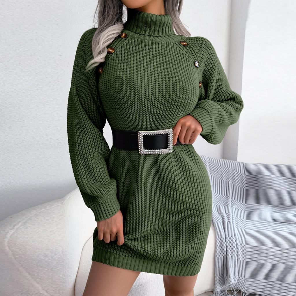 Women's  And Winter European And American Casual Button Turtleneck Long-sleeved Bottoming Sweater Dress