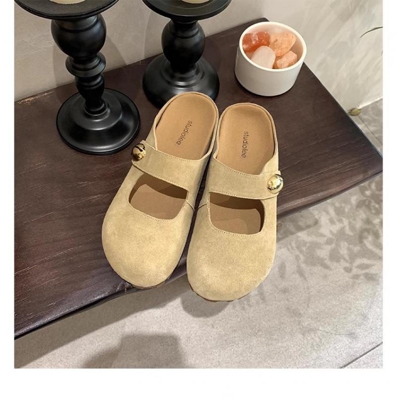 Leather thick-soled small golden bean half slippers women's inner height increase of 5cm new sandals