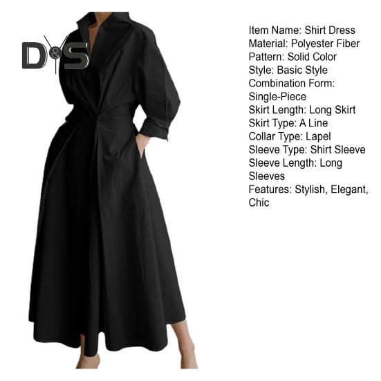 Women's Long Sleeve Button Down Shirt Dress Casual A-Line Midi Dress Loose Fit Lapel Collar Long Dress for Office Parties And Beach