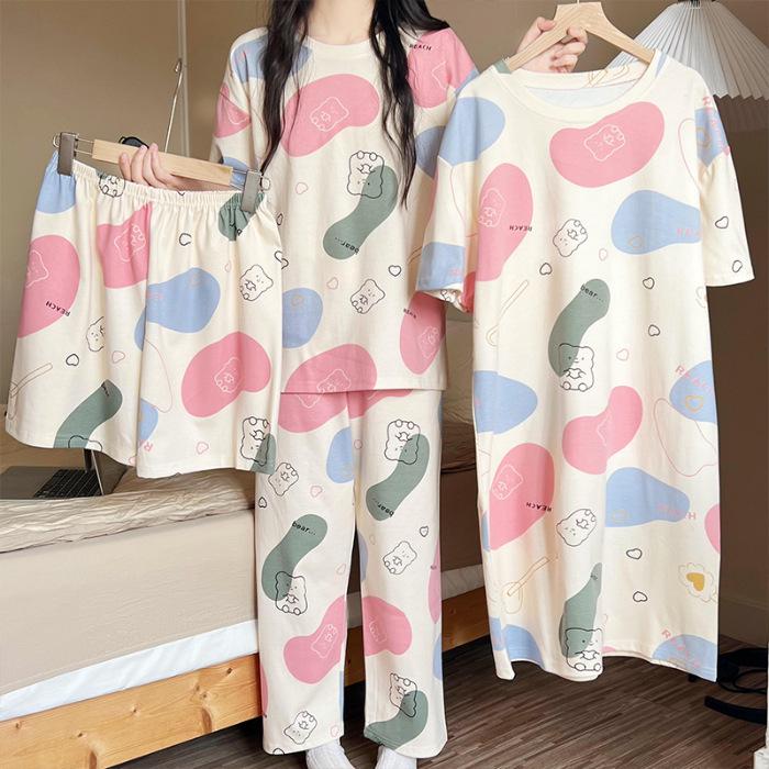 Women's Summer Cotton-Feel Short-Sleeve Nightdress & Pajama Set