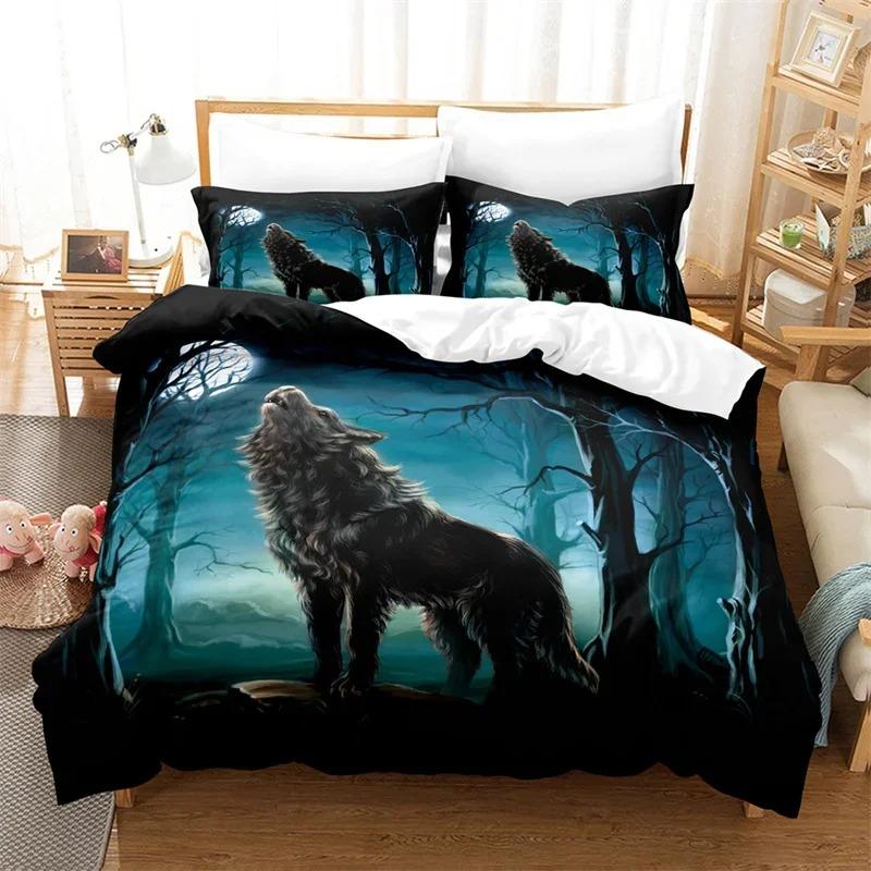 3D Wild Animal Duvet Cover Moon And Wolf Bedding Set Microfiber Galaxy Comforter Cover King Full For Kids Teens Boys Room Decor