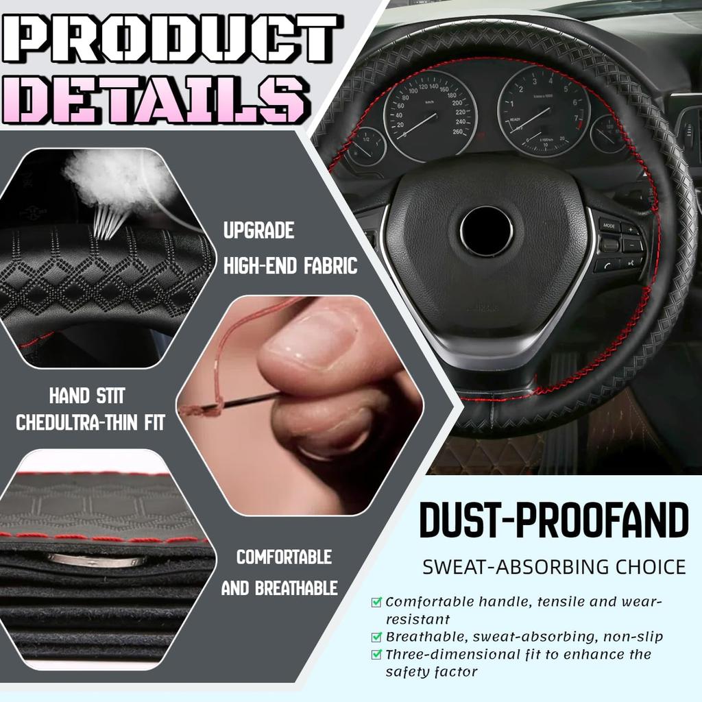 DEEYOTA Car Steering Wheel Cover Universal Fit Round Stitch Steering Wheel Wrap Thin PU Leather Steering Wheel Cover Sewn On 15" Car Wheel (Black)