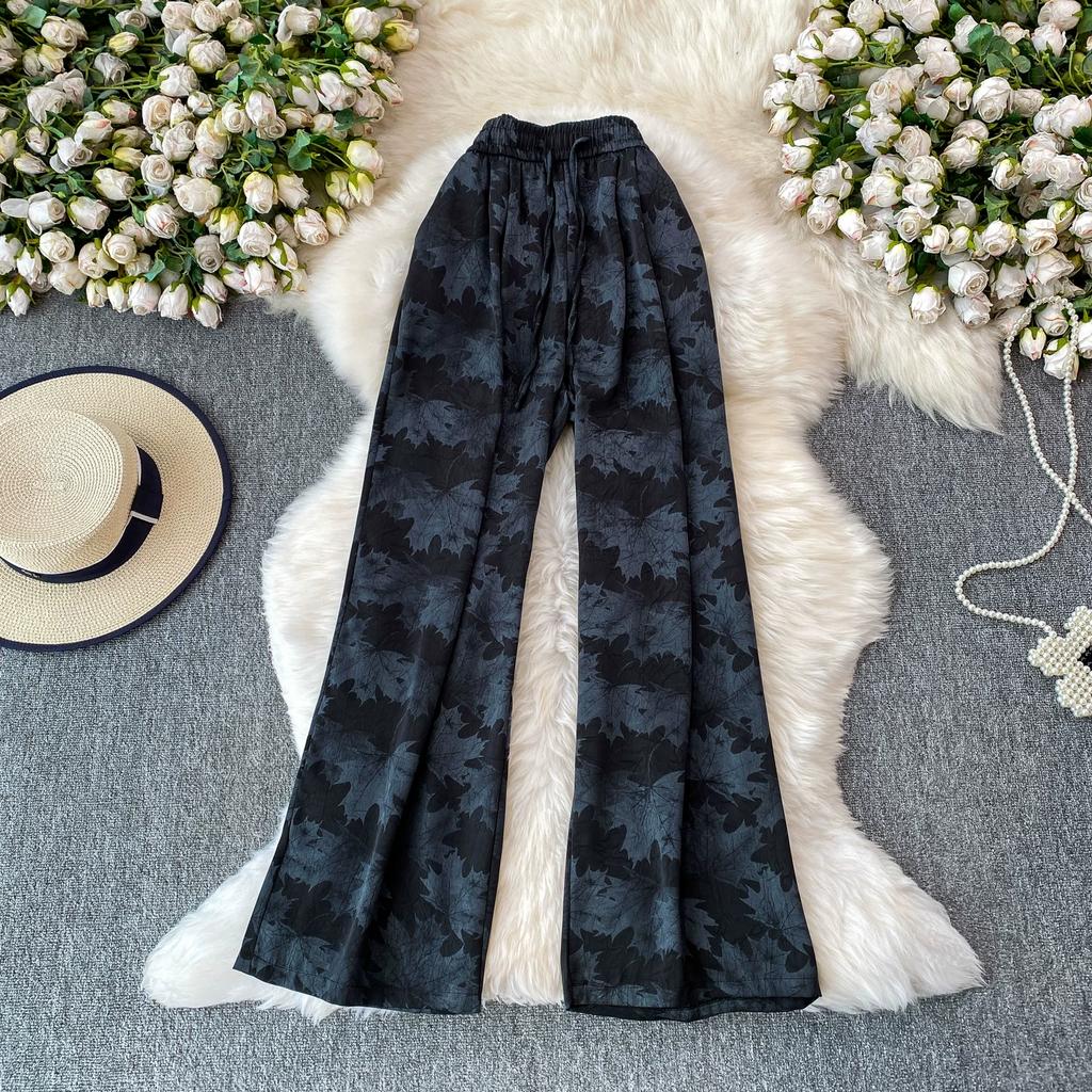 High Quality Ink-wash Acetate Satin Tie-Dye Rayon Wide-Leg Pants for Women Summer High-Waisted Slimming Loose-Fit Trousers