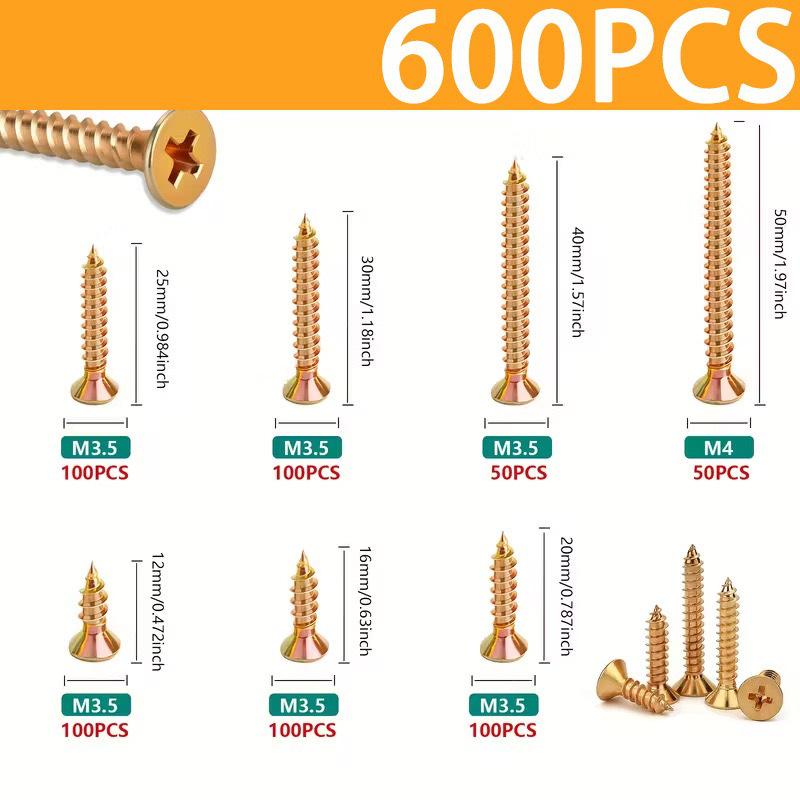 600pcs Color Zinc M3.5-4 Phillips Self-Tapping Wood Screws & Drywall Nails Set