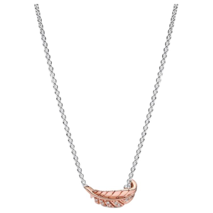 Pandora Two-Tone Floating Curved Feather Design Square Cubic Zirconia 14K Rose Gold Metal Silver Necklace Women necklace 382575C01-45 Box