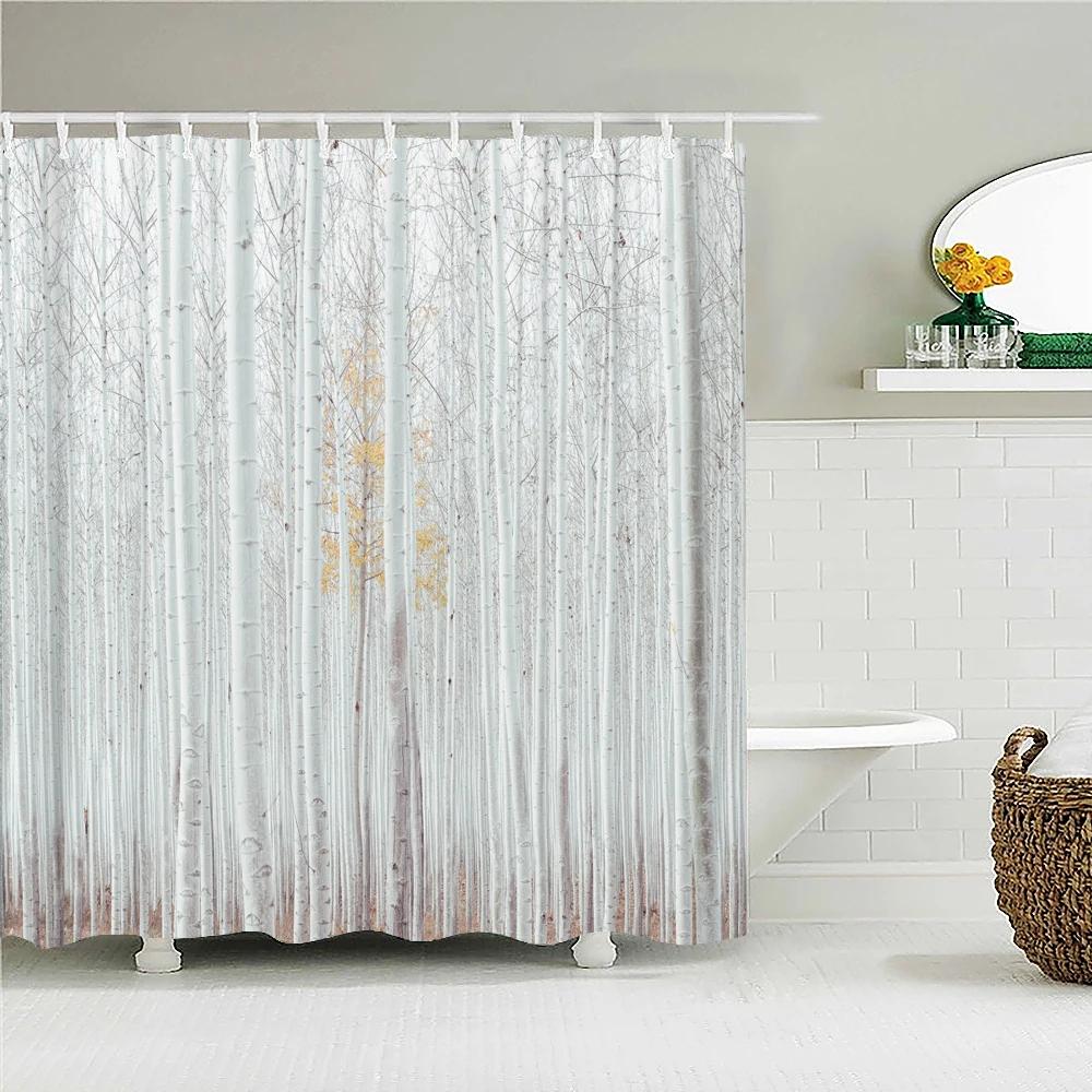 Birch Forest Trees Shower Curtain Natural Landscape Printed Fabric Waterproof Polyester Bath Curtains Bathroom Decor With Hooks