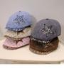Women's Retro Distressed Denim Painter's Beret with Star Detail