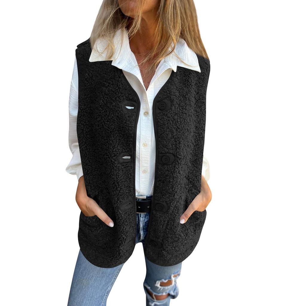 Women's Pocket Solid Color Sleeveless Cropped Fleece Button Vest Jacket Vest Coat