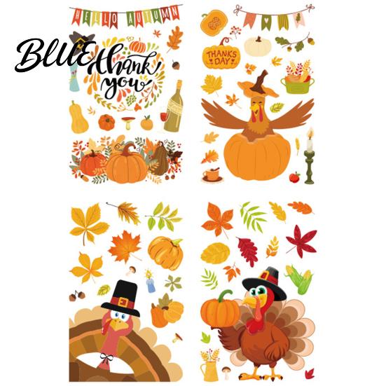 Autumn Window Decals 4 Sheets Thanksgiving Static Stickers Decorative Vinyl Decals Turkey Clings Maple Leaves Pumpkin Patterns Glass Stickers