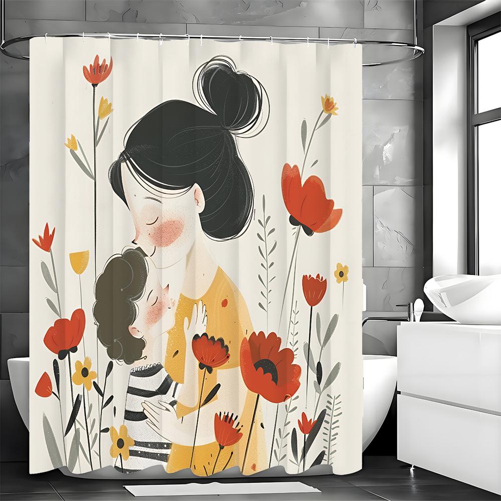 Happy Mother's Day Mother and Child Hugs Floral Shower Curtain, Bathroom Decorative Shower Curtain, Waterproof Shower Curtain wi