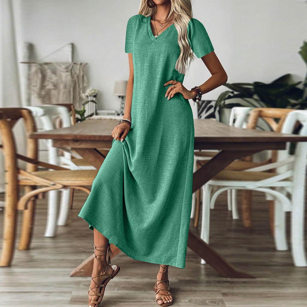 Women's Fashion V-Neck Short Sleeve Solid Color Zipper Casual Vacation Long Dress Cotton Linen Dresses