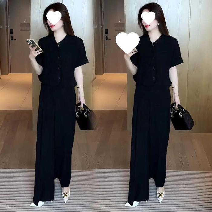 Fashionable Women's Summer Stylish Loose-fitting Slimming and Belly-covering Short-sleeved Wide-leg Pants Set