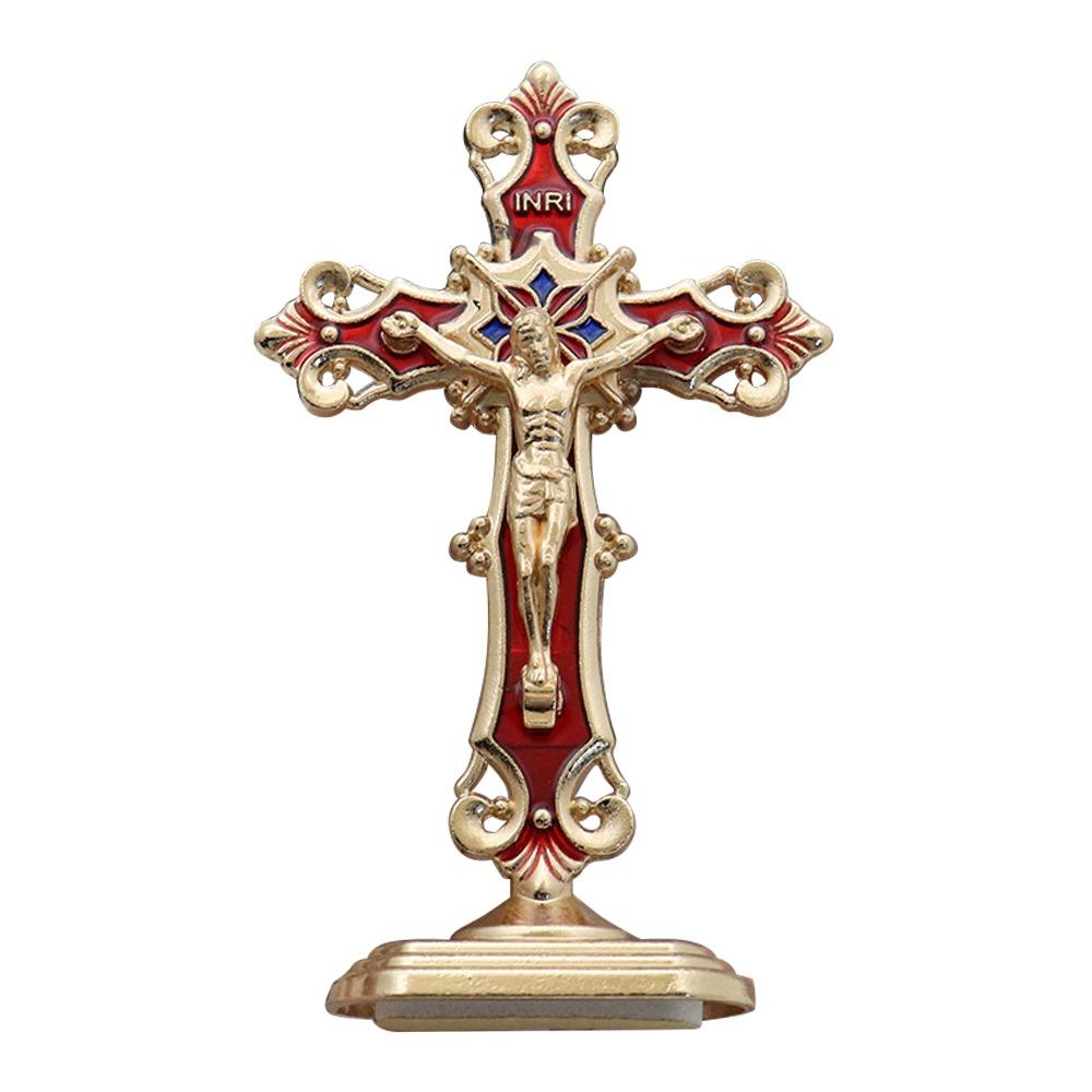 Golden Cross Ornaments Double-sided Tape Metal Statues Creative Handicrafts Oil Droped Colors Car Ornaments Christ On The Stand