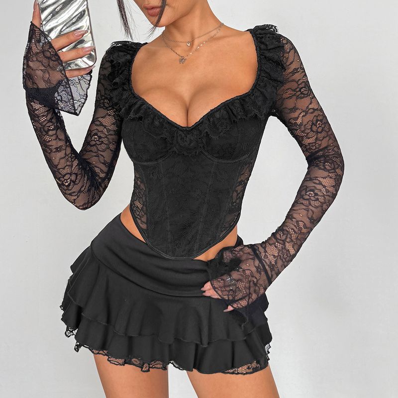 

Early Autumn New Pure Desire Ins Style Elegant Sexy Slim Elastic Flower Lace Steel Ring Fishbone Top Black M