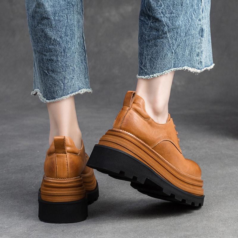 Johnature Zapatos de plataforma plana con suela gruesa y elevación retro, zapatos de mujer de moda versátiles con cordones y punta redonda