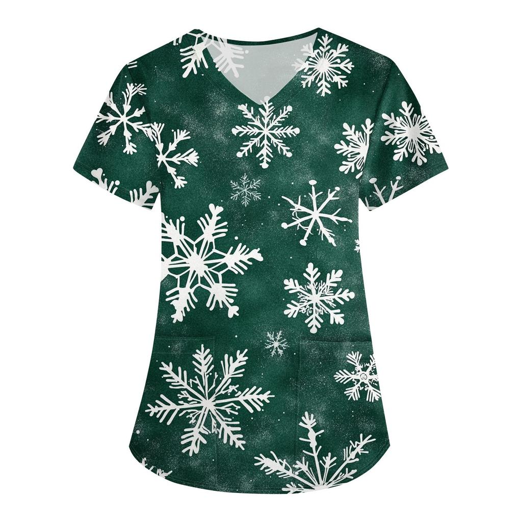 Modischer Overall mit V-Ausschnitt und kurzen Ärmeln für Damen mit Taschen und weihnachtlichem Aufdruck