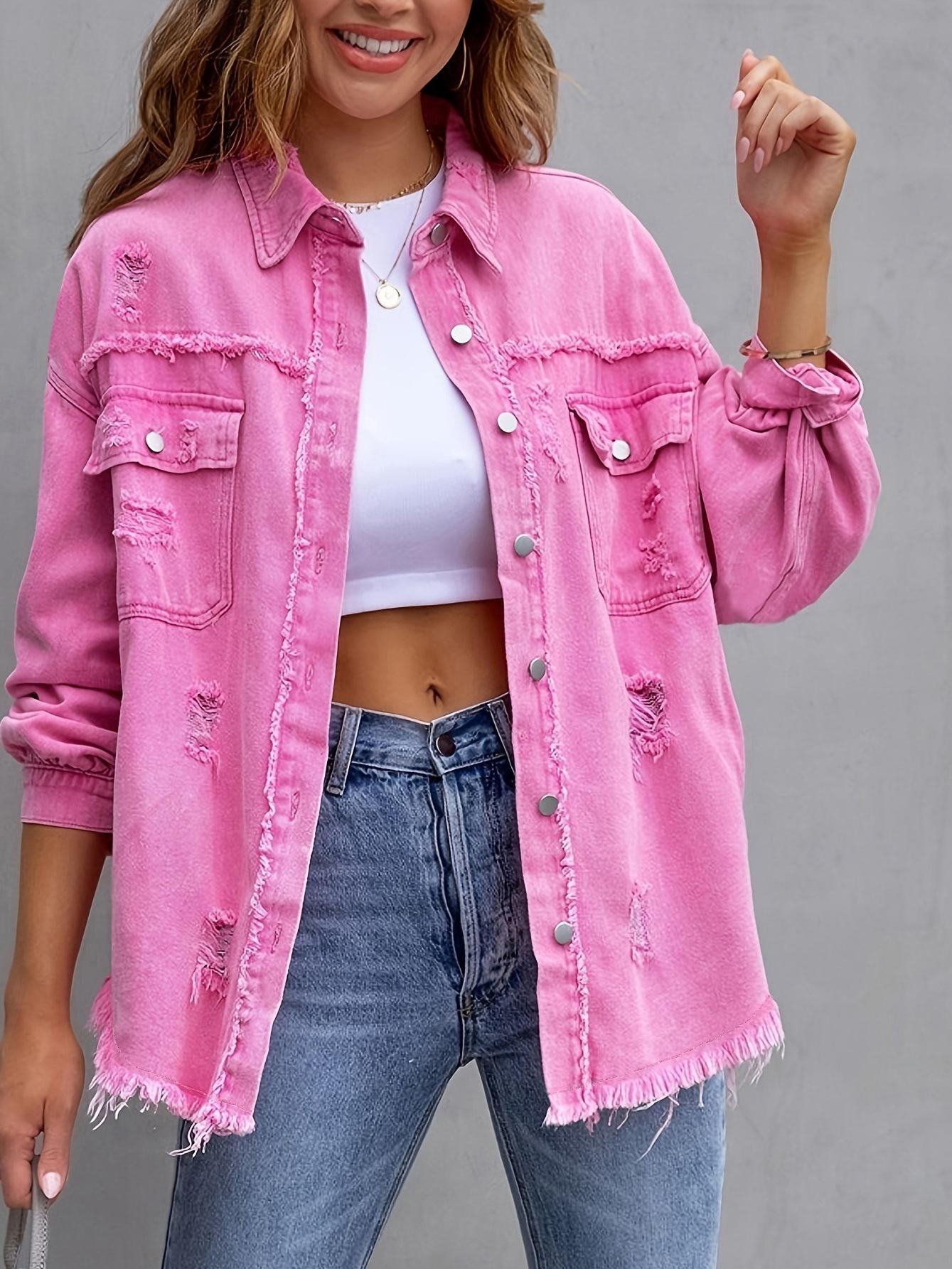 

Spot new casual medium and long denim jacket women s loose hole splicing jacket S розы красного