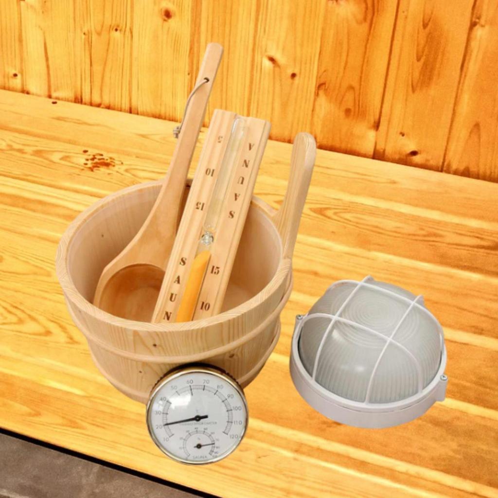 Pacchetto Accessori Sauna Deluxe: Secchio di Legno, Termometro e Collezione di Vasi Floreali per la Casa