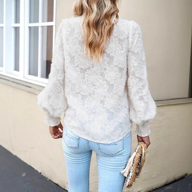 Spring and Autumn New Women's Elegant Floral Jacquard Lantern Sleeve Shirt Fashion Shirt