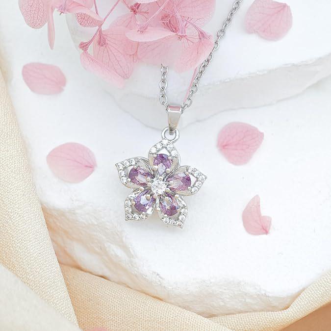 Elegant Zircon-Studded Rotatable Flower Pendant Necklace with Copper Inlay