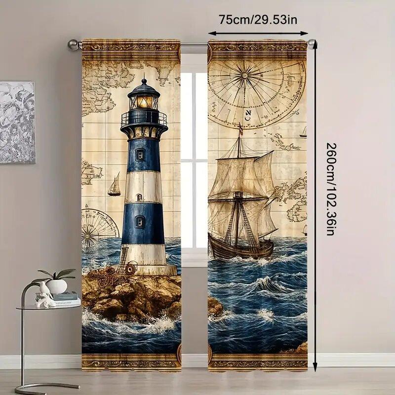 2Pcs- Nautical Style Lighthouse Pattern Printed Curtains, Window Decorations, Home Decorations, Room Decorations