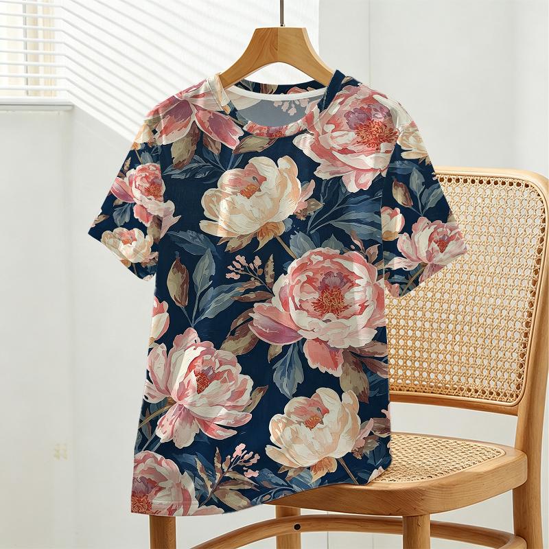 Elegant Floral Short Sleeve Tops Soft Fabric,Relaxed Fit for Daily Wear,Casual Vacations & Light Sports
