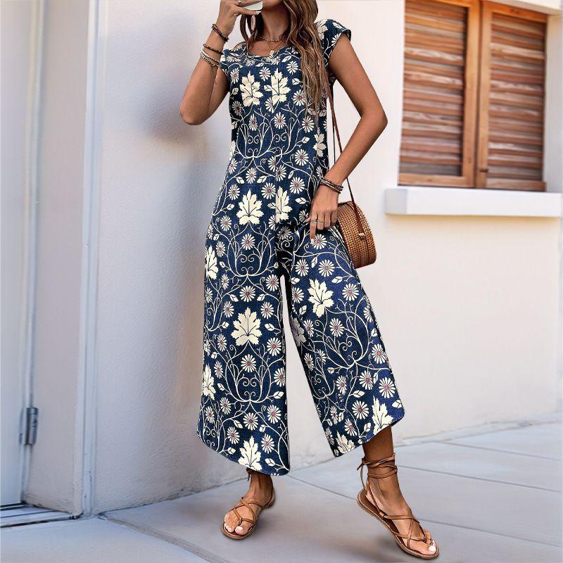 

Jumpsuit New Summer European and American Jumpsuit Print Wide Leg One-Piece Trousers Navy blue S