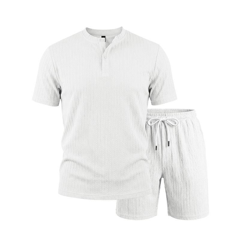 Summer Retro Men's Loose Knit Henley Shirt & Shorts Set