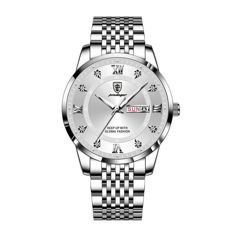 POEDAGAR Luxury Business Man Watch Stainless Steel Week Date Men's Wristwatch Waterproof Luminous Fashion Quartz Watches for Men