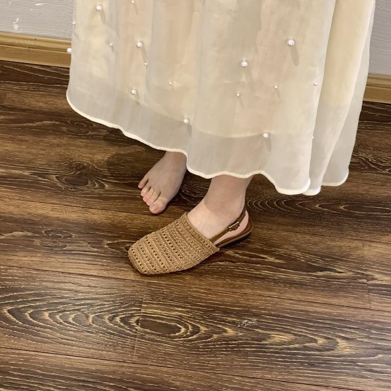 Fashion 2025 Summer Beige Heeled Sandals Straw Shoes Women Shallow Mouth Buckle Strap Black Handmade Fashion Closed Block Flat Open Comf