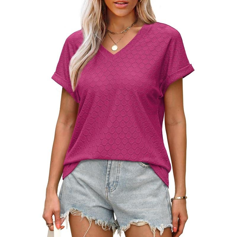 VEZFAA Camicette e camicie con scollo a V a maniche corte con stampa tinta unita primavera estate casual alla moda da donna