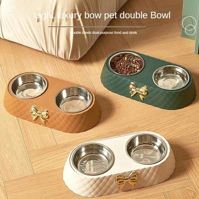 Είδη κατοικίδιων Bowknot Μπολ τροφής για γάτες Βάση PP Μπολ για σκύλους Διπλό μπολ από ανοξείδωτο ατσάλι Αξεσουάρ κατοικίδιων Μπολ ταΐσματος Ποτίστρα