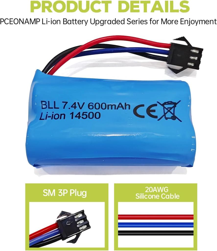 1x Li-ion Battery 7.4V 600mAh 2S with SM-3P Connector + USB Cable – Compatible with RC Car DE82, TK3086B, TK-3082B, G20601, Stunt Flip Car