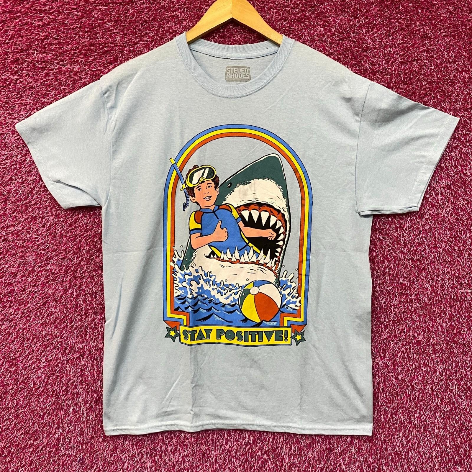 Steven Rhodes Stay Positive Shark Attack Cartoon 100% Cotton T-shirt Mens Tees Top L 4XL