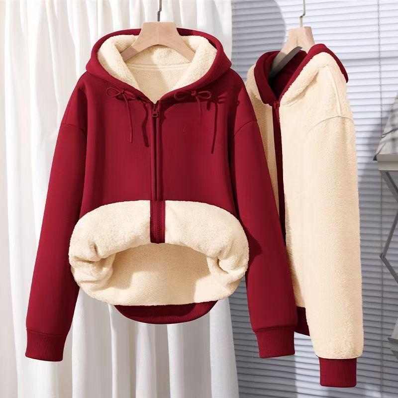Men's Trendy Thickened Lambswool Hoodie Jacket - Solid Color, Zippered, Casual Winter Style