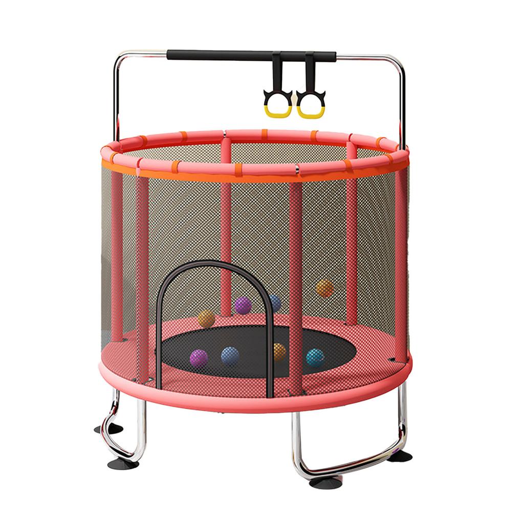 Kinder Trampolin Innen Außen Klein Fitness Trampolin Spielzeug mit Sicherheitsnetz Basketballkorb Gymnastikringe Schaukel für Jungen und Mädchen