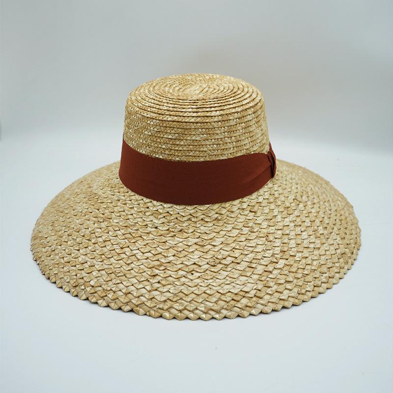 Europäischer und Amerikanischer Rhombus Stroh Spleißen Große Krempe Flache Oberseite Zylinderhut Damen Sommer Sonnenschutz UV-Schutz Urlaub Strand Strohhut Reise