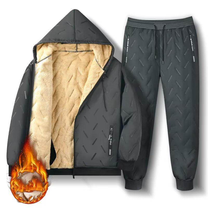 Men's Two Sets Winter Padded and Thickened Lambswool Cardigan Hooded Sweatshirt Sports Suit Men's Padded Trousers Men's Long-sleeved Trousers