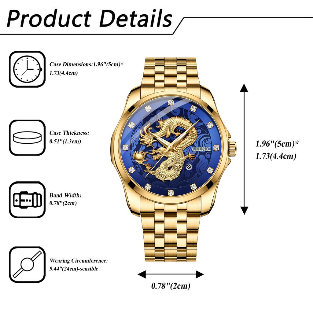 Men's Gold Dragon Watch, Stainless Steel: Luminous Analog, Calendar, Dragon, Antique Quartz Watch, 3ATM Water Resistant, Fashion Accessory - Perfect