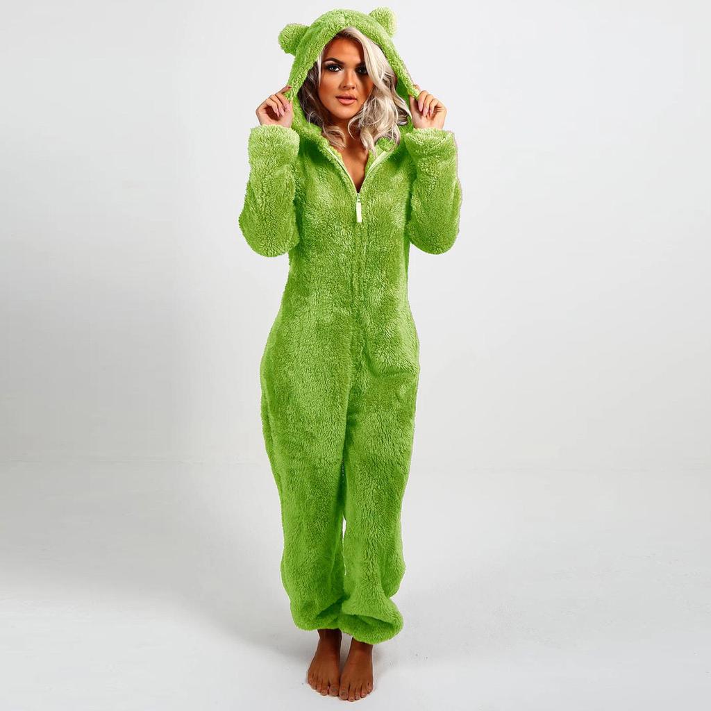 2024 Trendy European/American Fleece-Lined Hooded Jumpsuit Pajamas for Women - 22 Colors Available