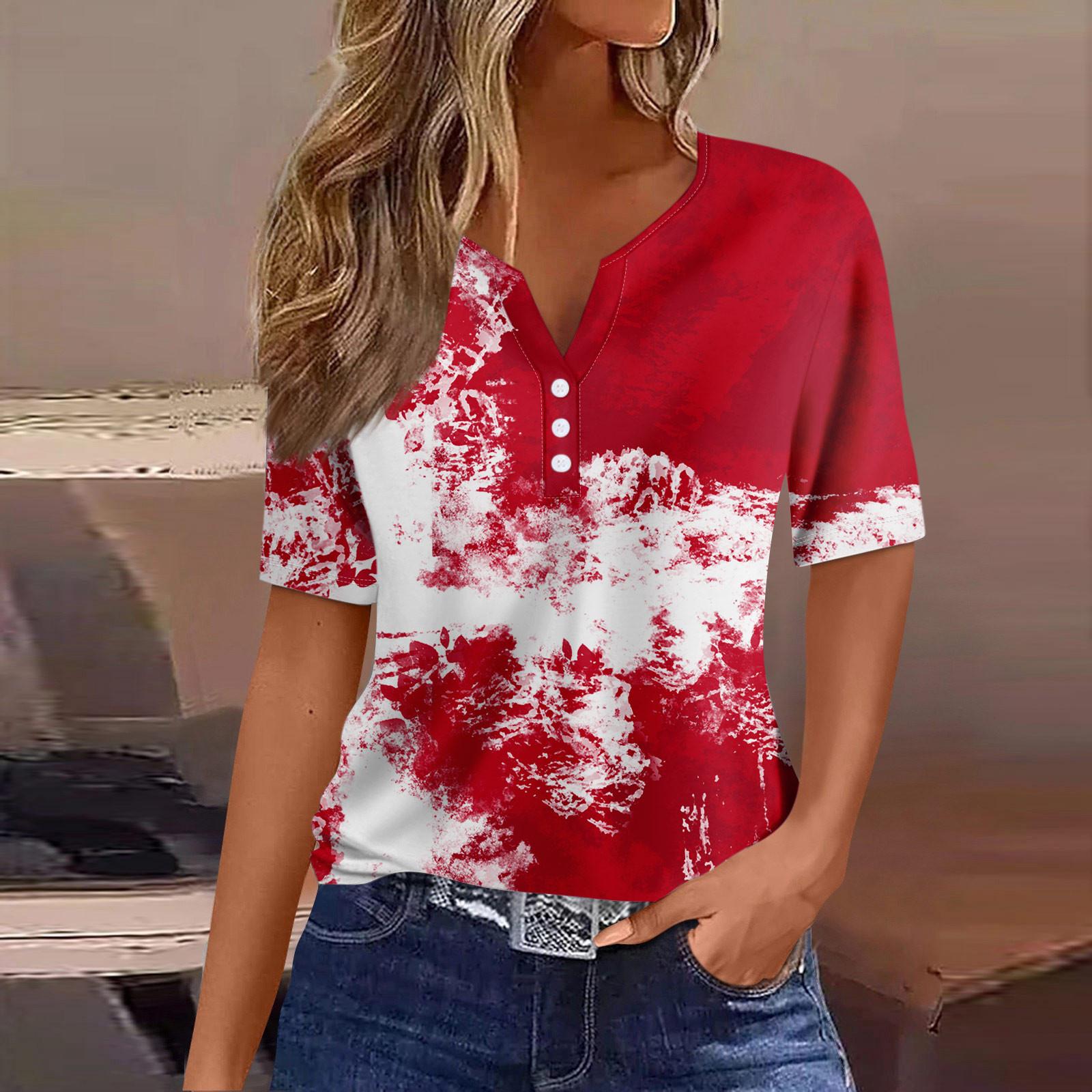 

Жен. Футболка Футболка День независимости С принтом Пуговицы С короткими рукавами Повседневные Выходные Мода Классический Классический V-образный вырез Обычный Топ XL арбуз красный
