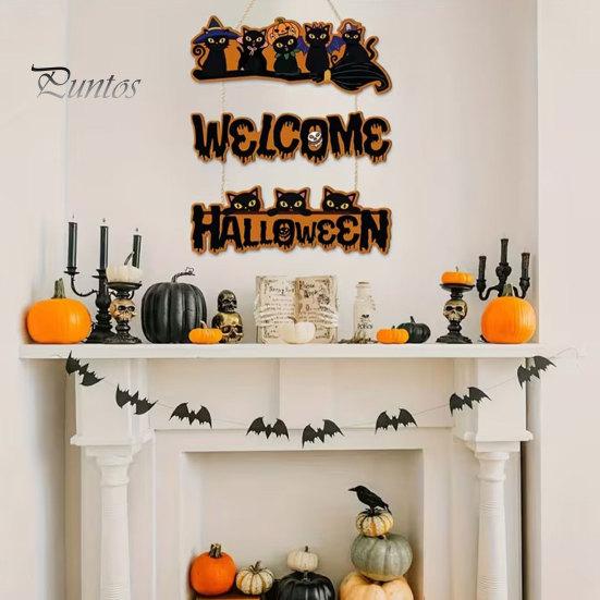 Elegant Natural Wood Sign Halloween Wooden Door Sign, Black Cats Broom Front Hanger, Rustic Nordic Style Hanging Welcome for Home Window Wall