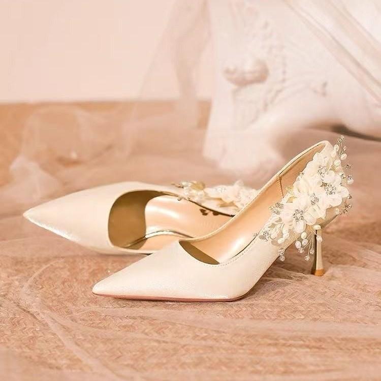 Fashion French-style Water Diamond High Heels for Women, 2025 New Floral Champagne Color, Non-tiring Wedding Shoes