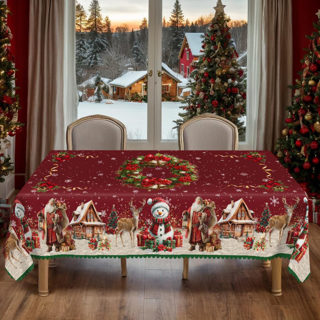 Tablecloth with Embossed Edges , Featuring a Merry Christmas Theme for Parties, Adorned with a Buffalo Check Bow, Poinsettias, Christmas Trees