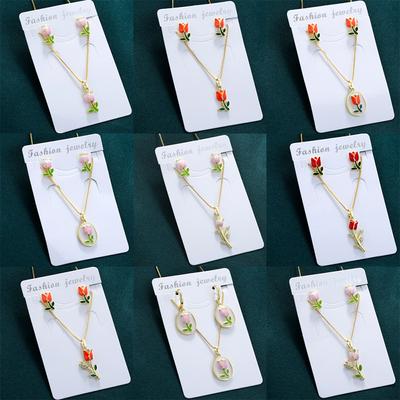 Fresh And Sweet Color Dripping Tulip Stud Earrings Necklace Women'S Flower Petal Jewelry Set