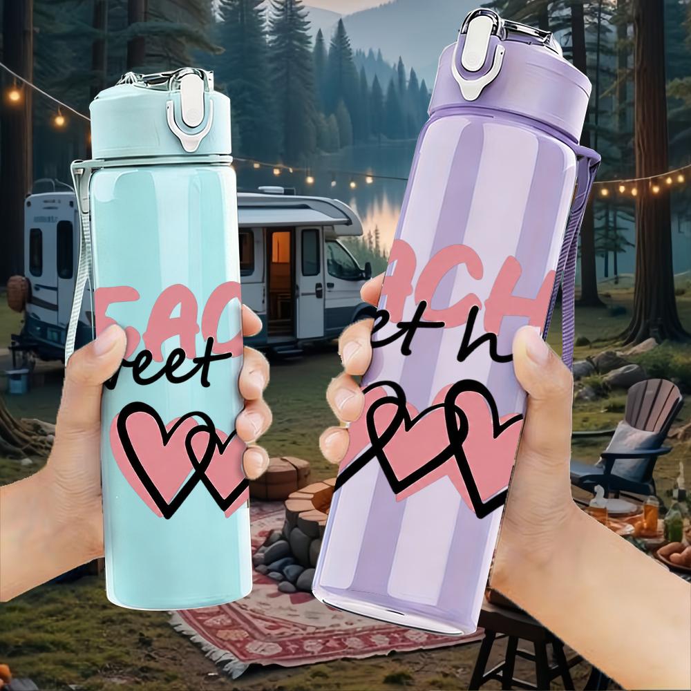 1PC Teaching Sweethearts Pink Heart Text Graphic,750ml Color Plastic Sports Water Bottle,Leakproof Flip Straw Lid,Suitable for Sports Office Home Use
