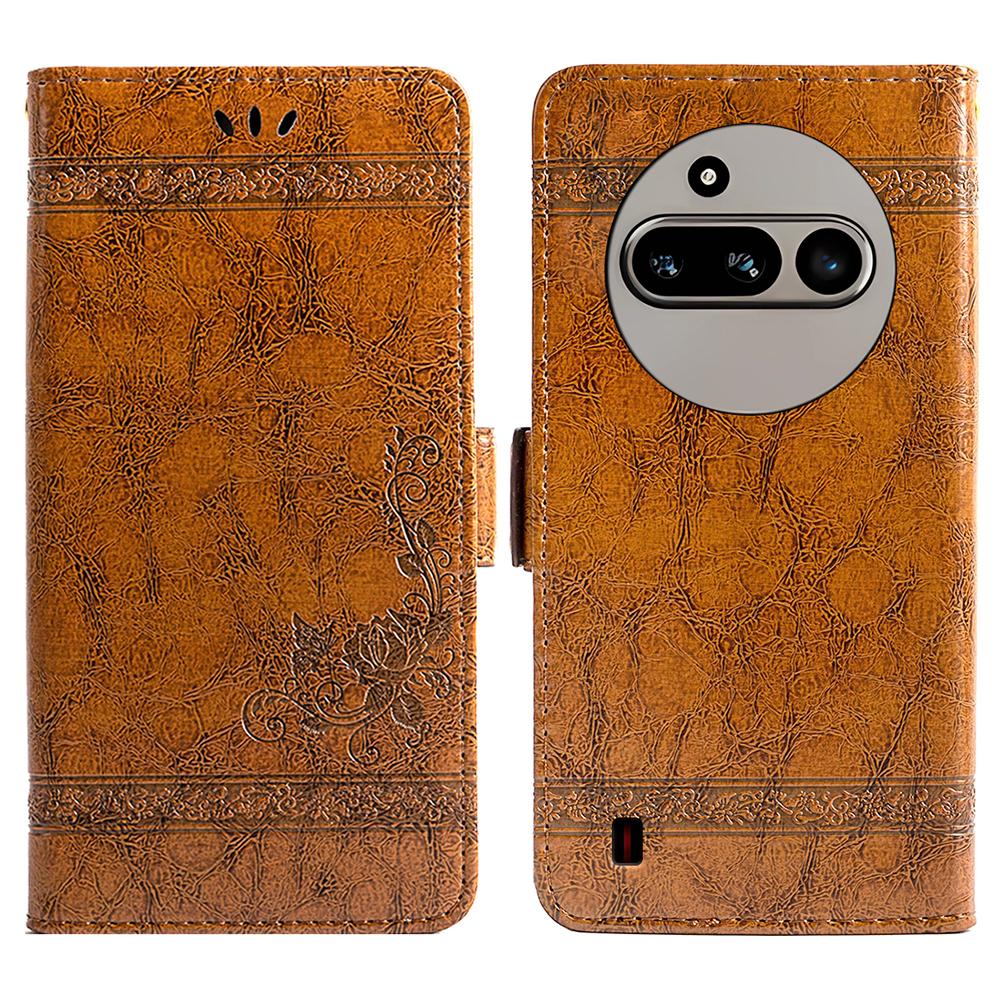 

For Nothing Phone (3a) Leather Case Flower Imprint Wallet Phone Cover with Side Buckle Brown